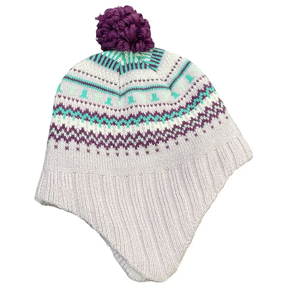 Columbia Omni Heat Earflap Beanie Hat Cream Pink Purple Fair Isle Pom Pom Chullo